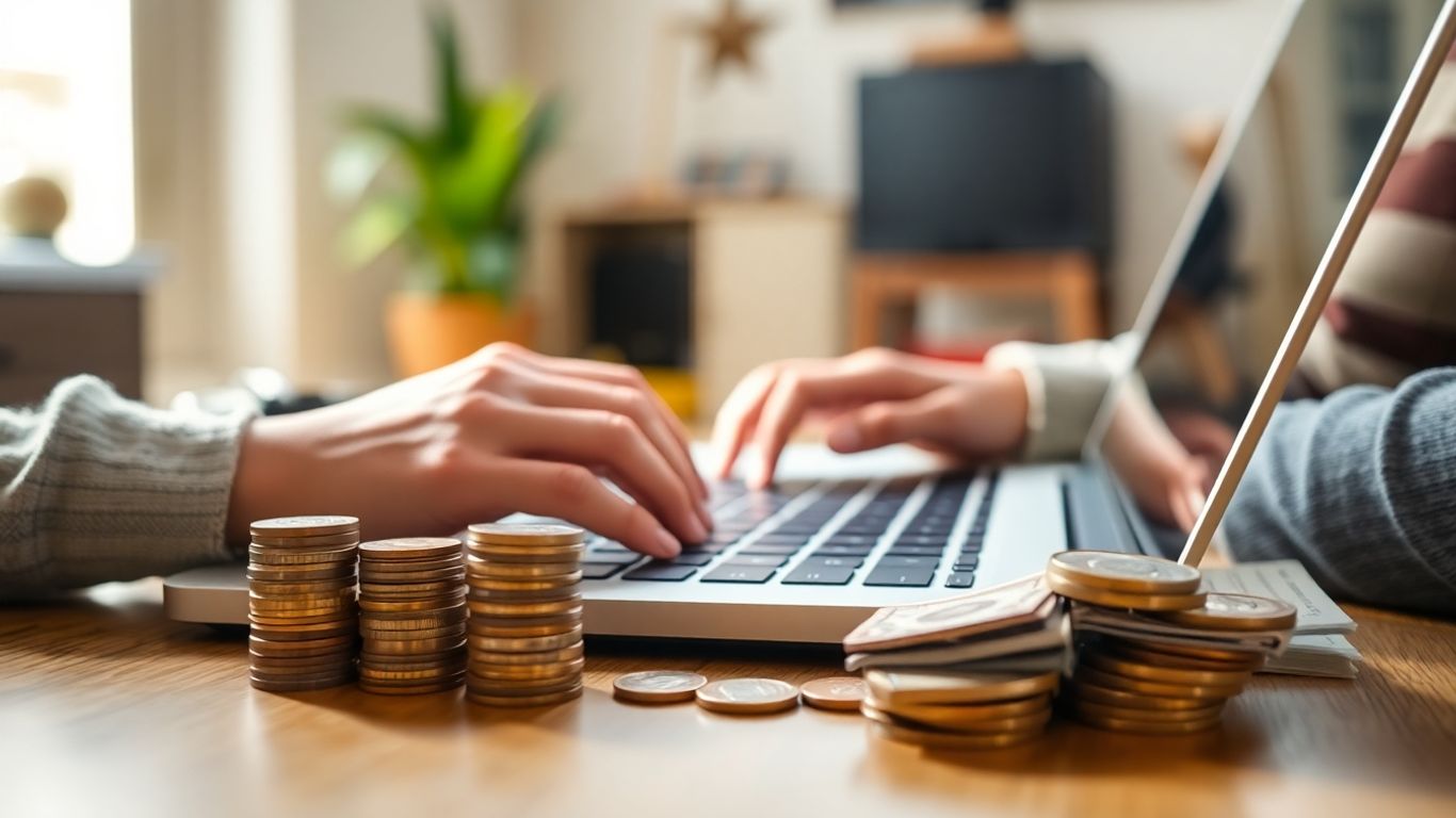 Person typing on laptop, earning money from home.