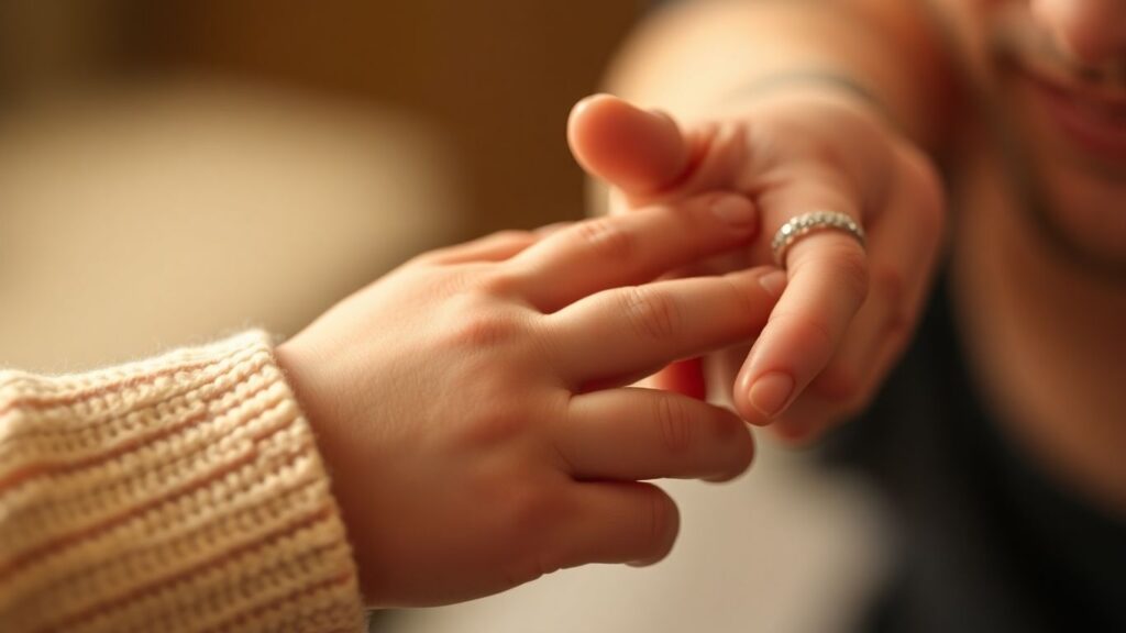 Baby's hand held by adult's finger.