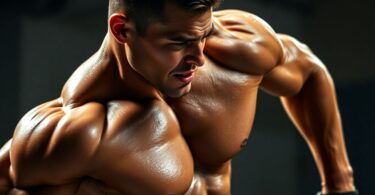 Fit athlete performing intense exercise, peak fitness.