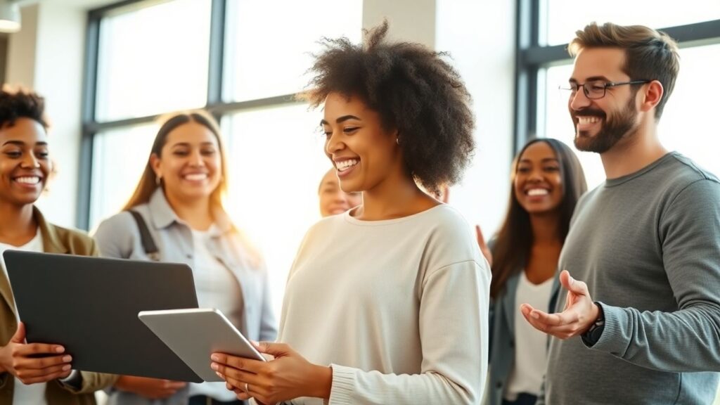 People smiling and working in a bright, modern office.