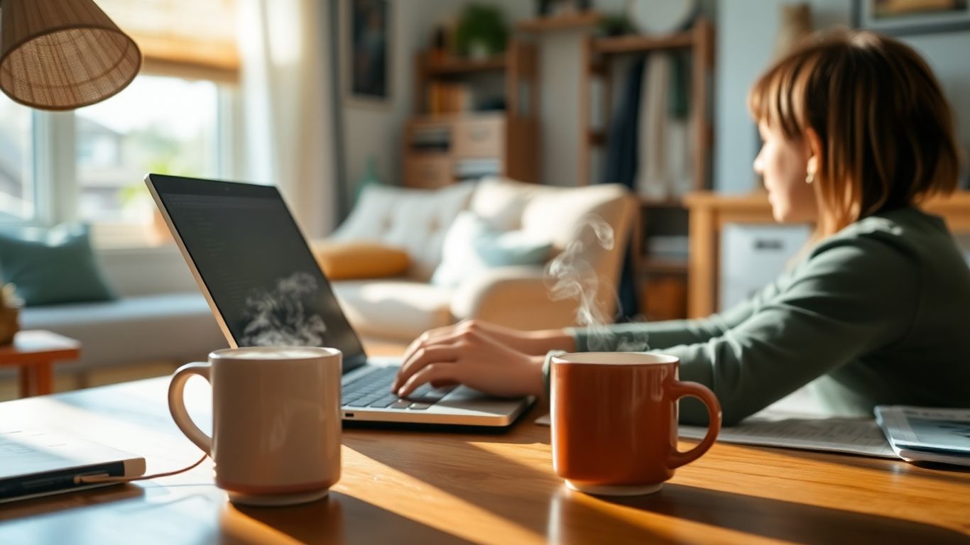 Person working on laptop at home desk, remote work.