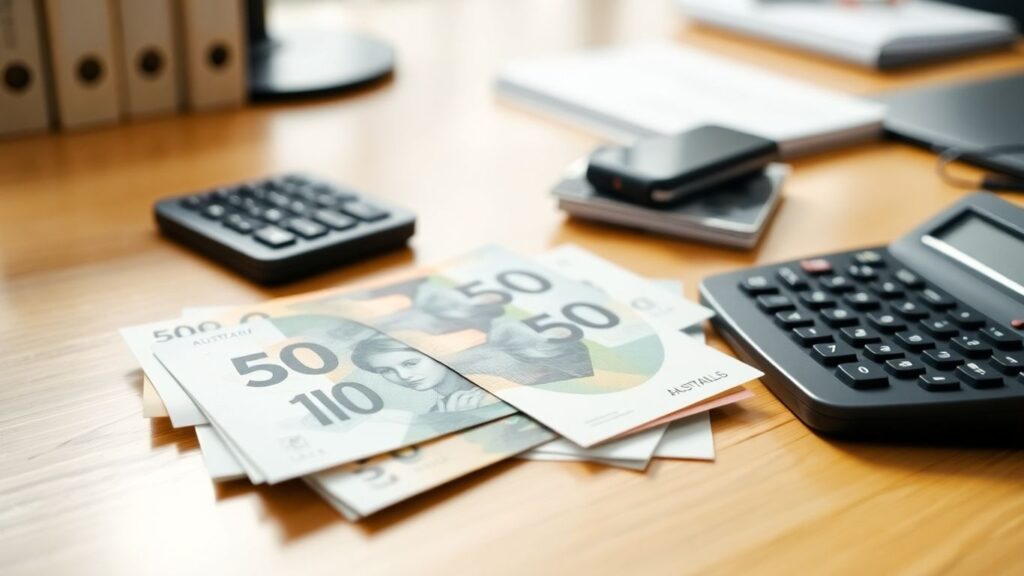 Australian dollars and calculator on a desk.