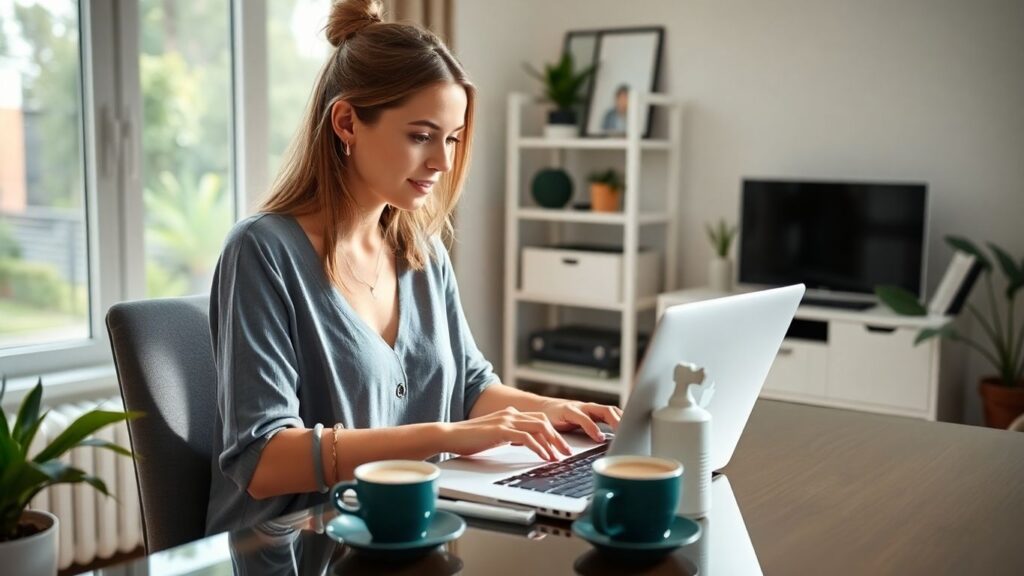Australian woman doing data entry on laptop at home
