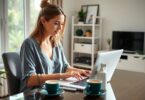 Australian woman doing data entry on laptop at home