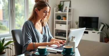 Australian woman doing data entry on laptop at home