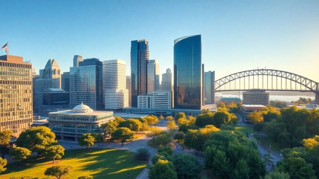 Sydney skyline with Harbour Bridge and modern office buildings