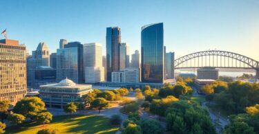 Sydney skyline with Harbour Bridge and modern office buildings