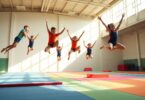 Gymnasts leaping and tumbling in a bright gymnasium.