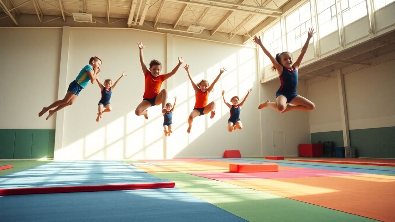 Gymnasts leaping and tumbling in a bright gymnasium.