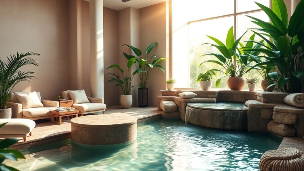 Relaxing day spa interior with plants and water feature.