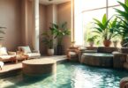 Relaxing day spa interior with plants and water feature.