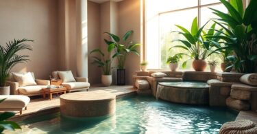 Relaxing day spa interior with plants and water feature.