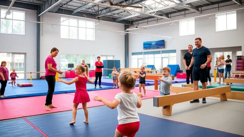 Australian kids doing gymnastics with parents watching happily