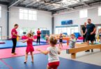 Australian kids doing gymnastics with parents watching happily