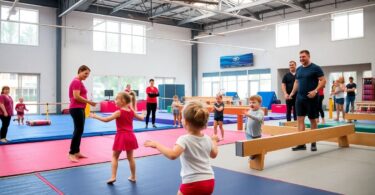 Australian kids doing gymnastics with parents watching happily