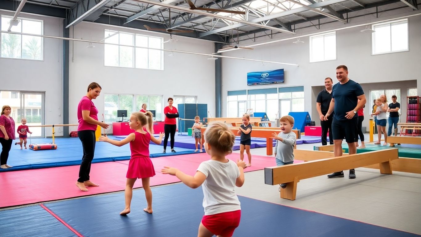 Australian kids doing gymnastics with parents watching happily