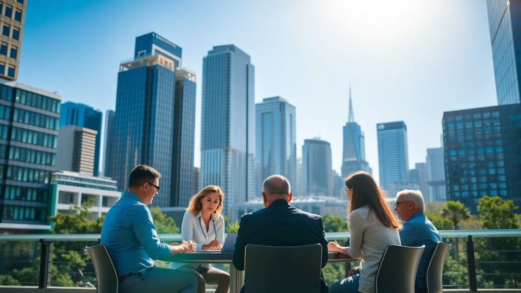 Australian business professionals collaborating in a modern office.