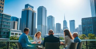 Australian business professionals collaborating in a modern office.