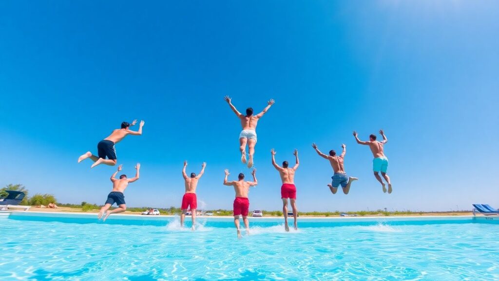 People diving into a bright blue swimming pool in Australia.
