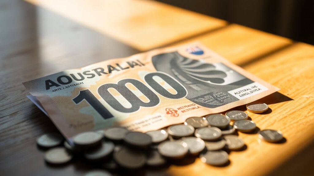 Australian $100,000 banknote and coins on a table.