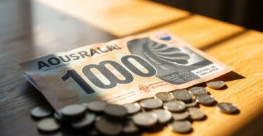 Australian $100,000 banknote and coins on a table.