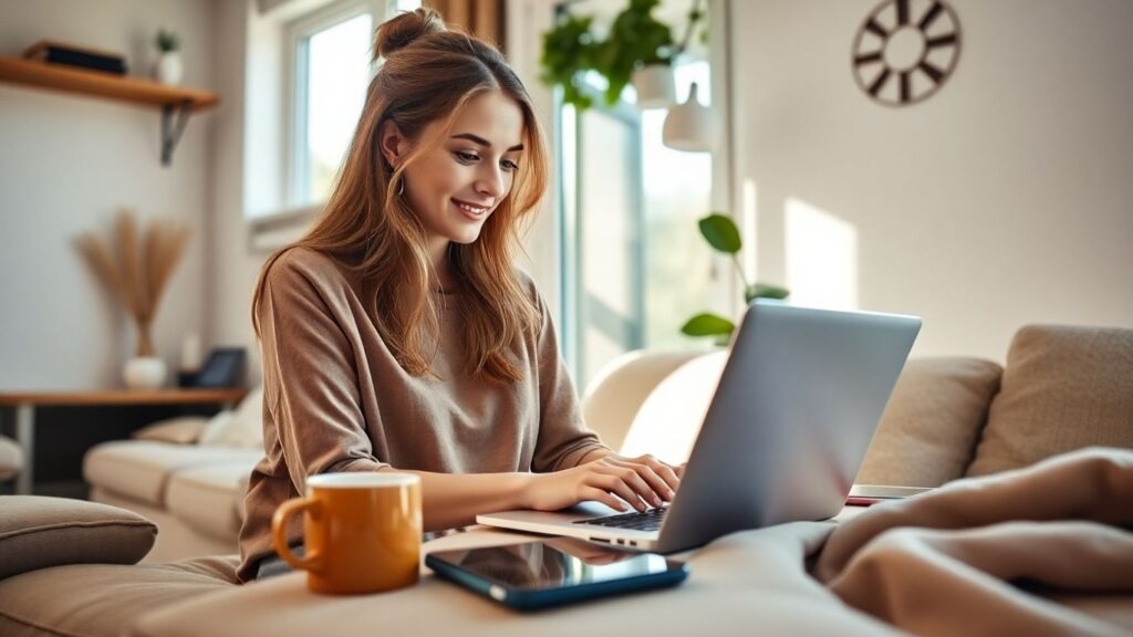 Australian woman working from home with laptop and coffee