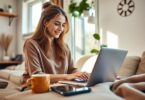 Australian woman working from home with laptop and coffee