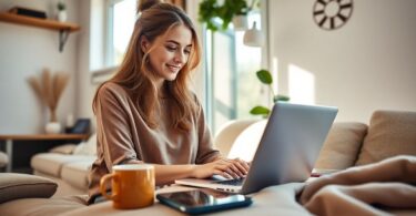 Australian woman working from home with laptop and coffee