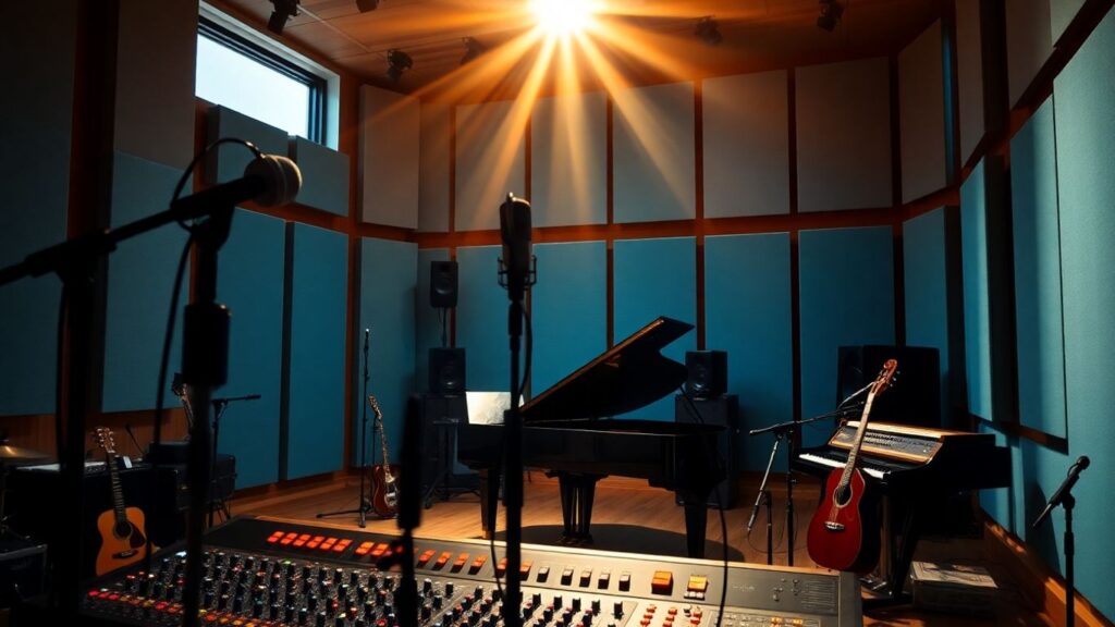 Recording studio with instruments and mixing console.