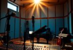 Recording studio with instruments and mixing console.