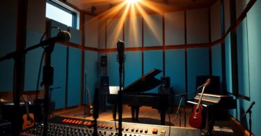 Recording studio with instruments and mixing console.