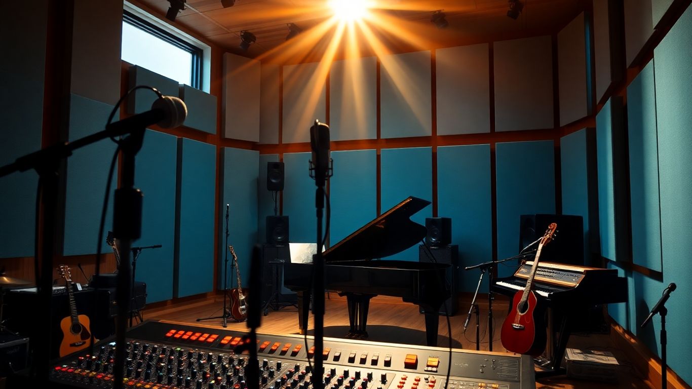 Recording studio with instruments and mixing console.