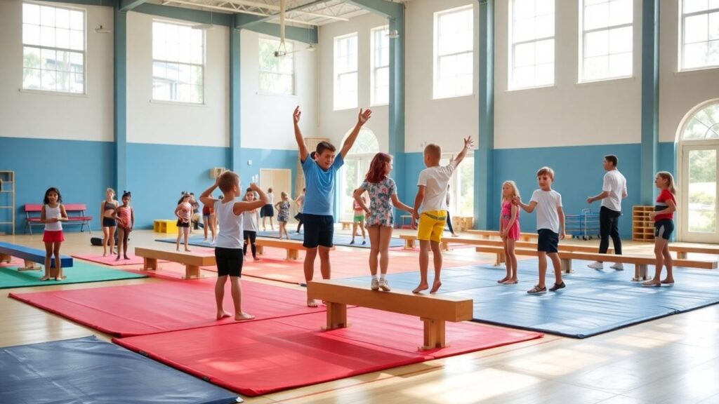 Children practising gymnastics in a bright Cooroy gym.
