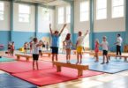 Children practising gymnastics in a bright Cooroy gym.