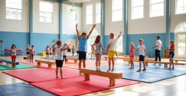 Children practising gymnastics in a bright Cooroy gym.