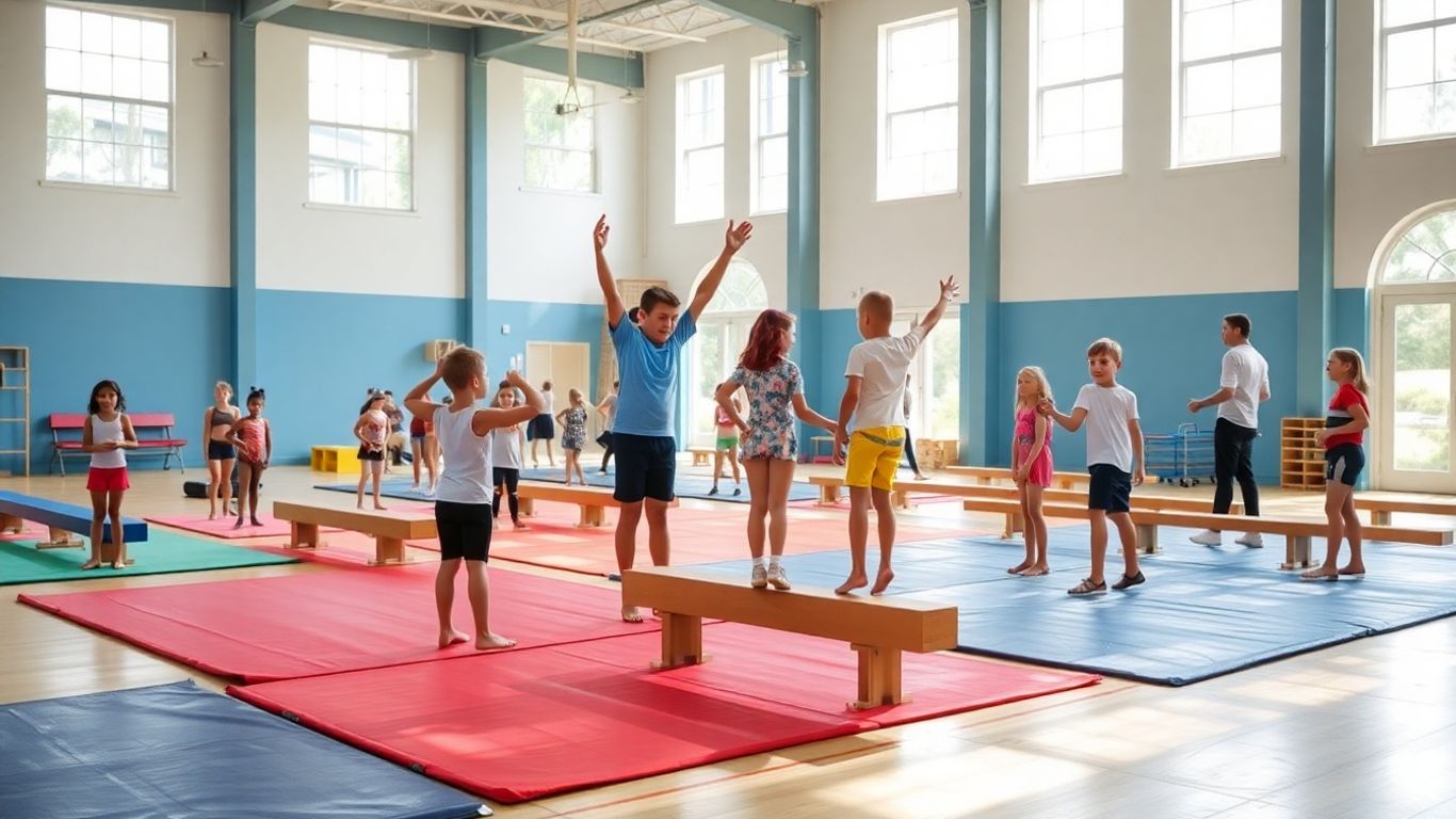 Children practising gymnastics in a bright Cooroy gym.