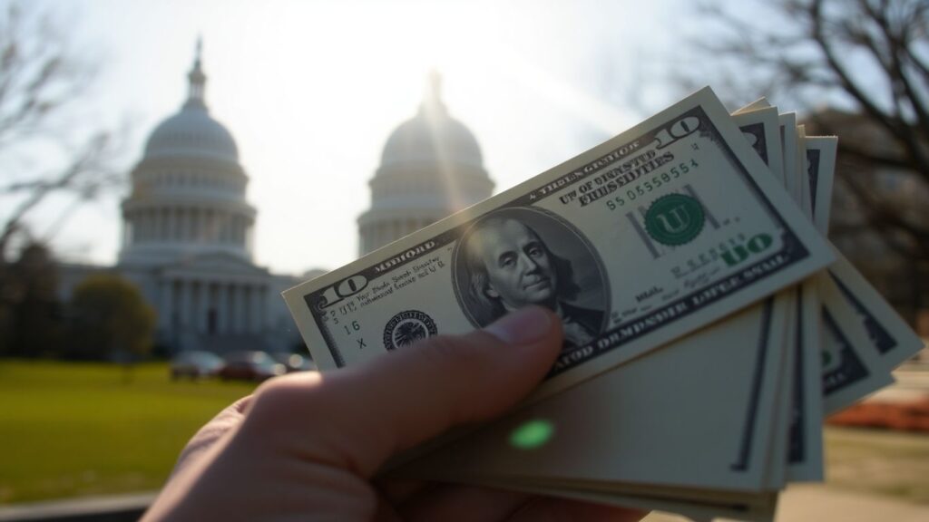 Hand holding money with Capitol building background