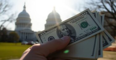 Hand holding money with Capitol building background