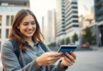 Australian worker checking bank card balance happily