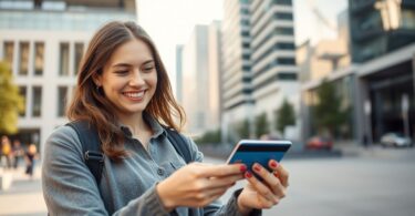 Australian worker checking bank card balance happily