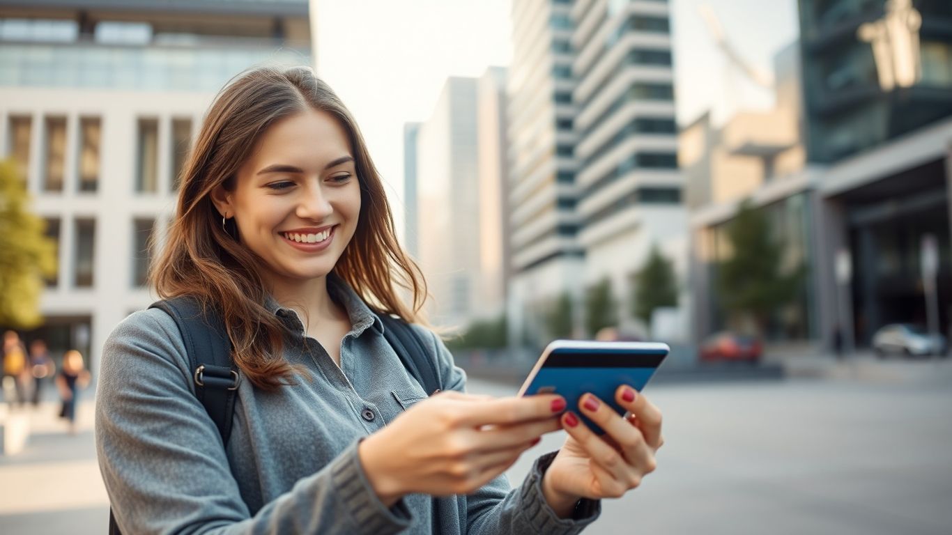Australian worker checking bank card balance happily
