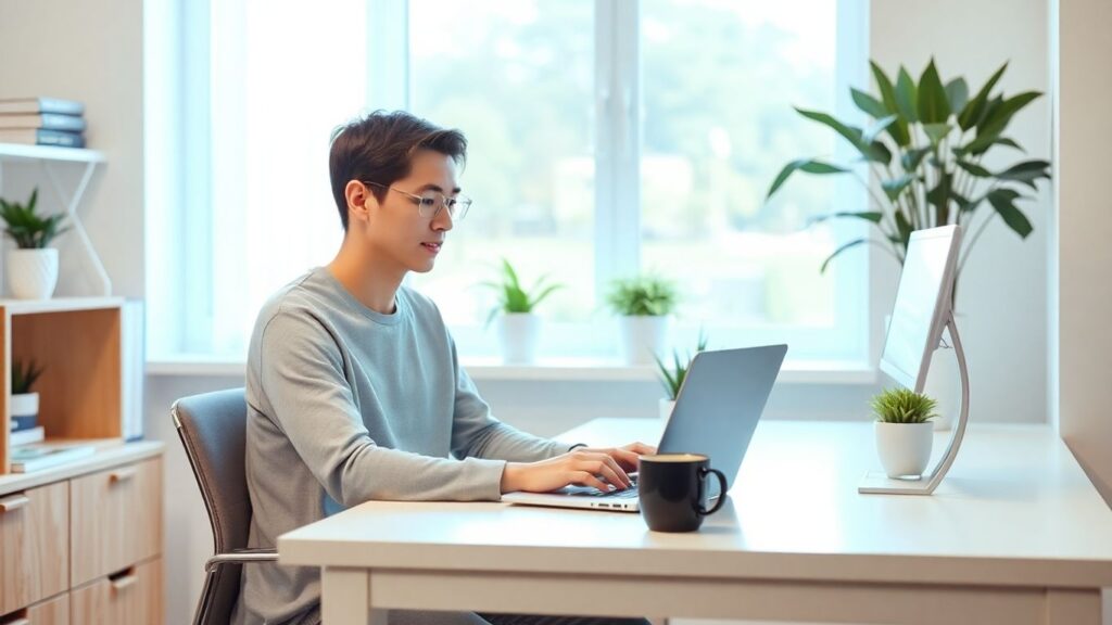 Person working from home at modern desk with laptop