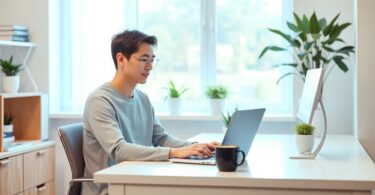 Person working from home at modern desk with laptop