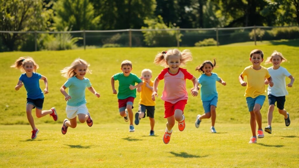 Young athletes running, jumping, and throwing on a sunny field.