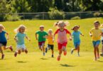 Young athletes running, jumping, and throwing on a sunny field.