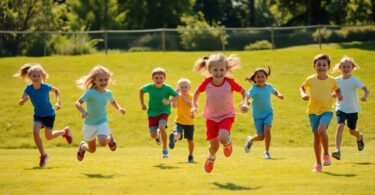 Young athletes running, jumping, and throwing on a sunny field.