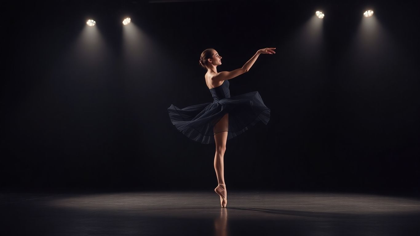 Ballet dancer in black tutu on stage.