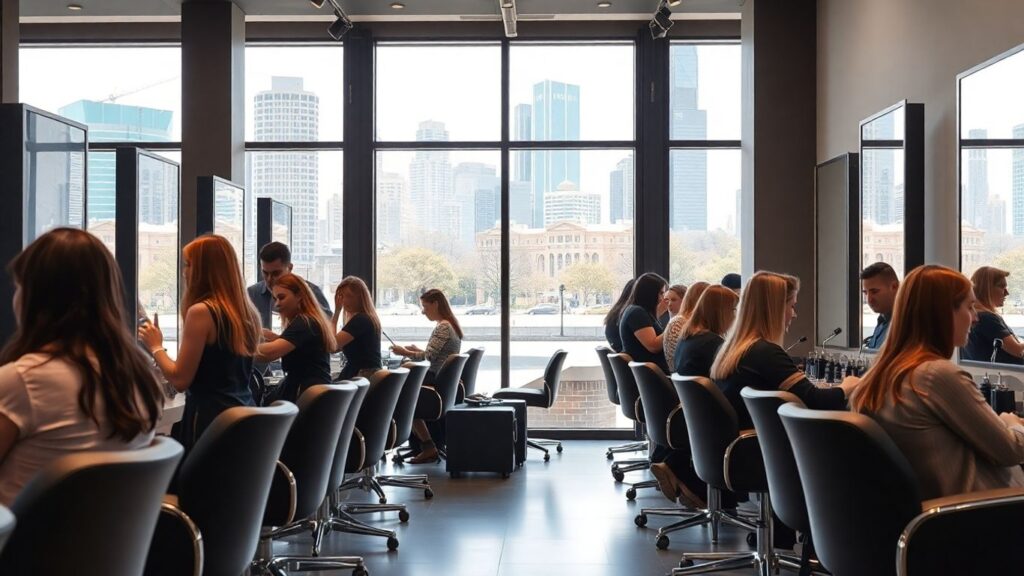 Busy Australian hair salon with stylists and clients