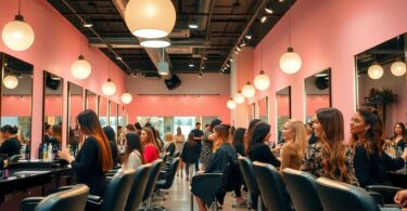Australian hair salon with stylists and happy clients