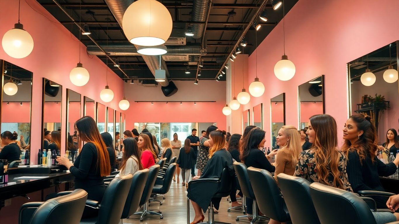 Australian hair salon with stylists and happy clients